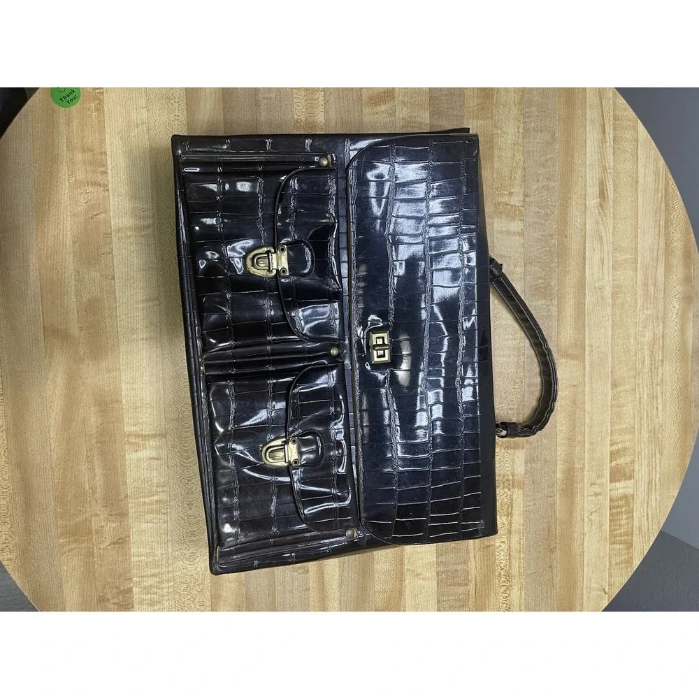 BROWN CROCO PRINT FAUSE LEATHER‎ VINTAGE CELEBRITY 2 POCKETS FLAP BRIEFCASE